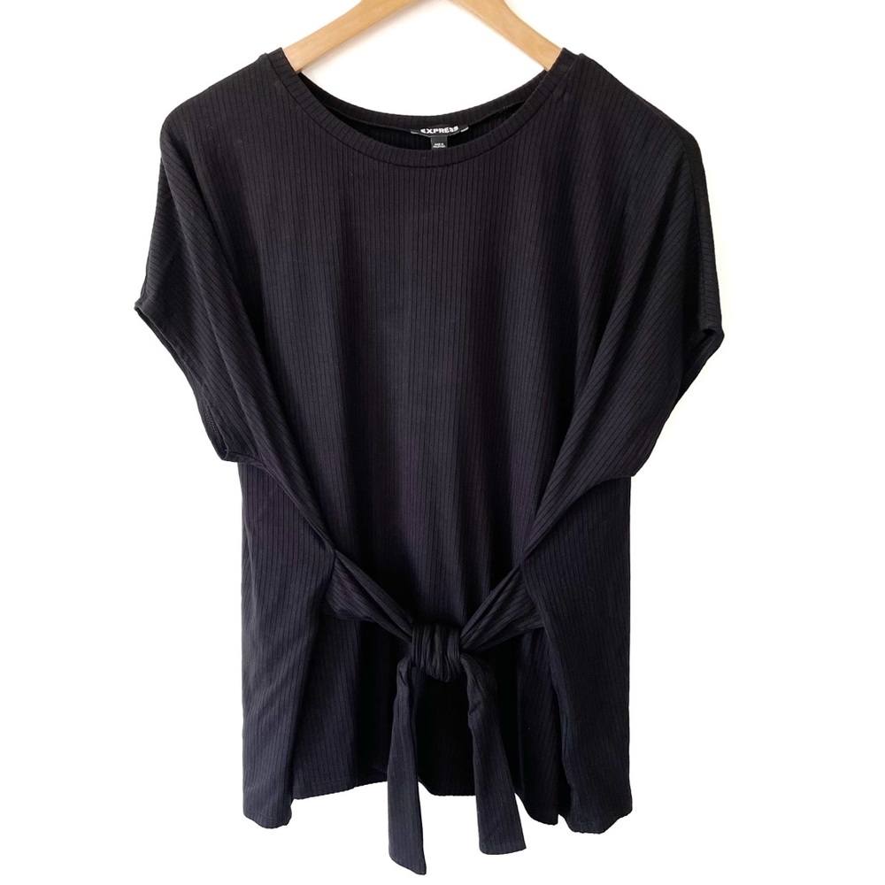 Black Express Ribbed Tie Front Blouse